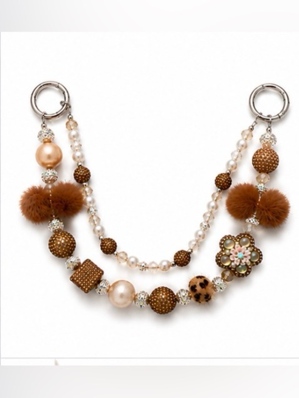 Elegant Beaded Bag Charm with Faux Fur Pom Poms Designer Inspired